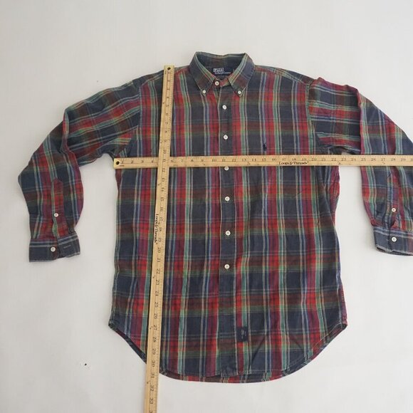 Vintage '90S Polo Ralph Lauren Navy Red Plaid Button Down Dress Shirt Medium - Picture 3 of 11